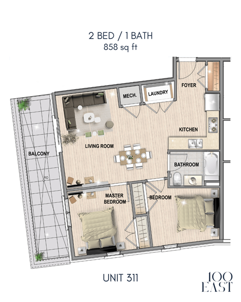 A floor plan of a 2 bedroom apartment with 1 bathroom.